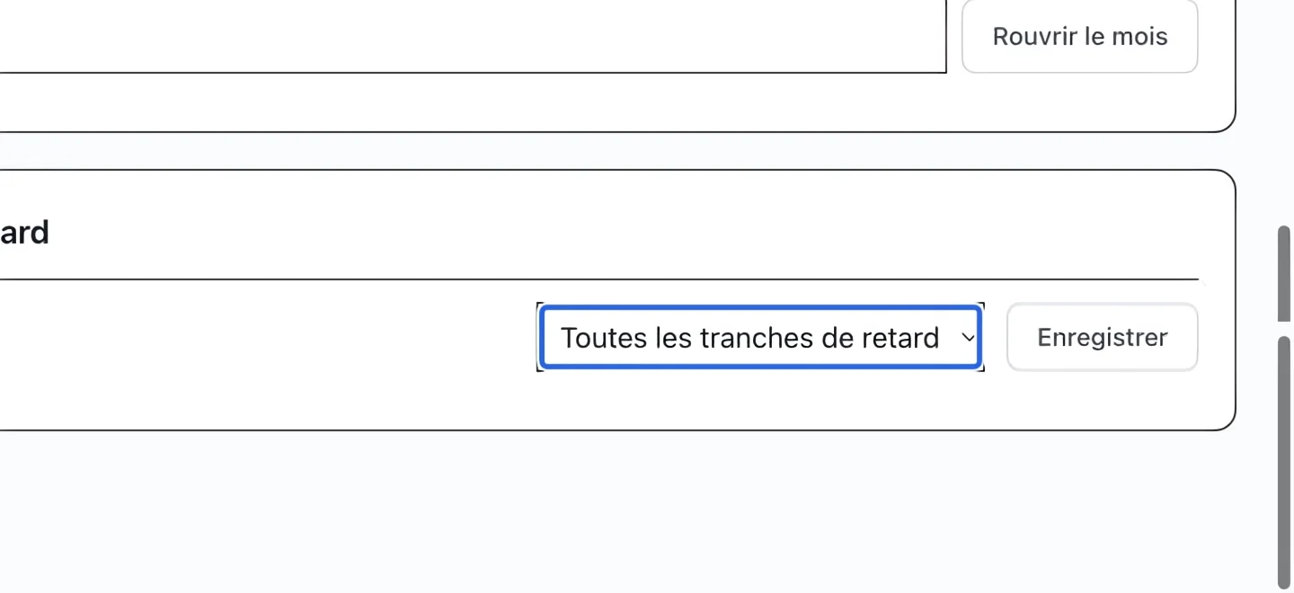 Capture : Affecter le rappel à une tranche de retard. Les cadres bleus indiquent les commandes décrites dans cette étape.