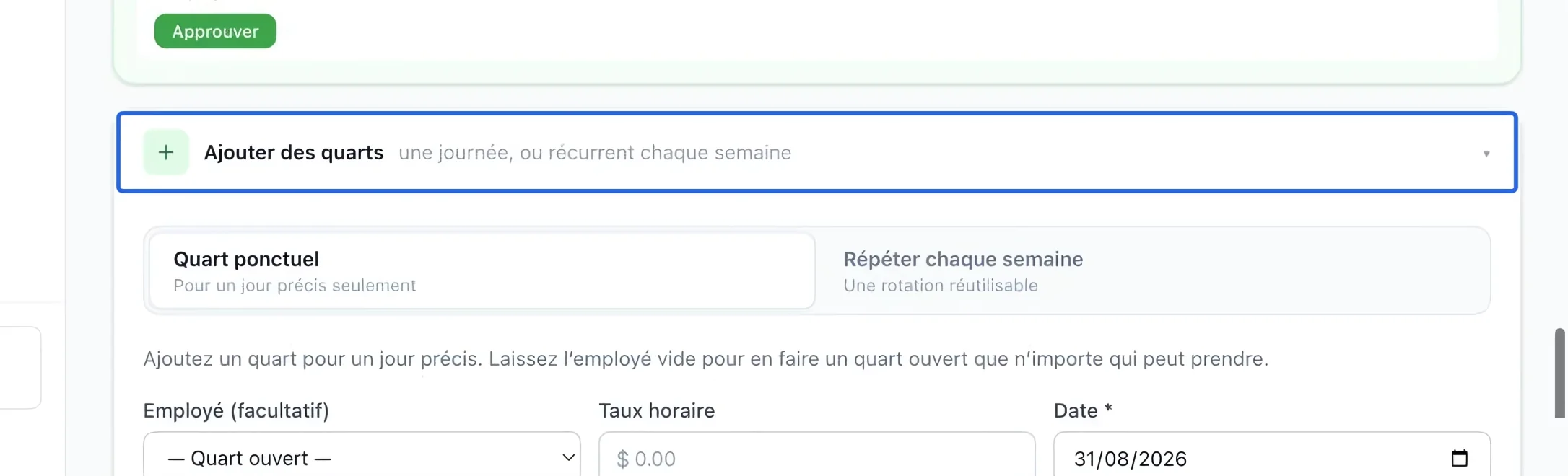 Capture : Ouvrir le formulaire de quart. Les cadres bleus indiquent les commandes décrites dans cette étape.