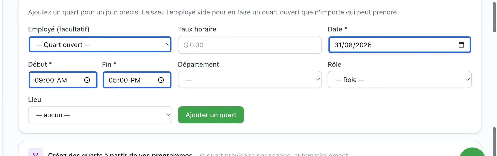 Capture : Définir la personne et les heures. Les cadres bleus indiquent les commandes décrites dans cette étape.