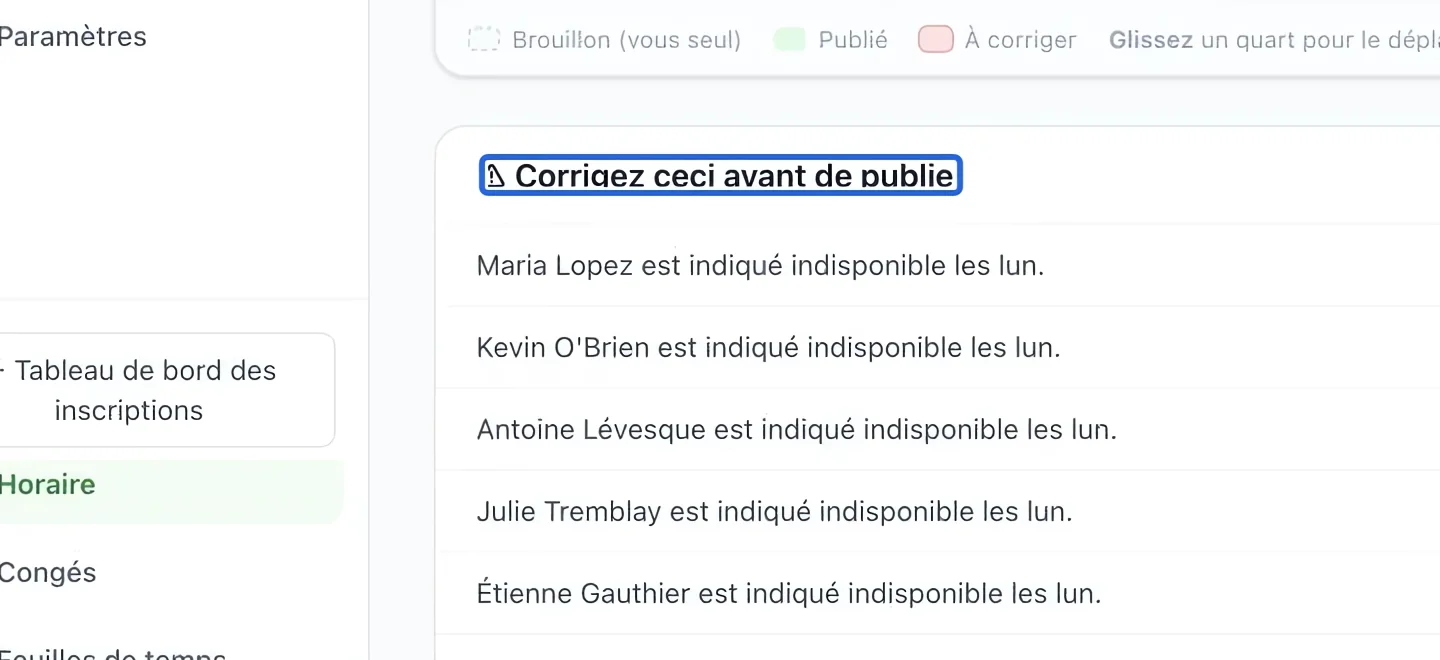 Capture : Résoudre les conflits d’horaire. Les cadres bleus indiquent les commandes décrites dans cette étape.