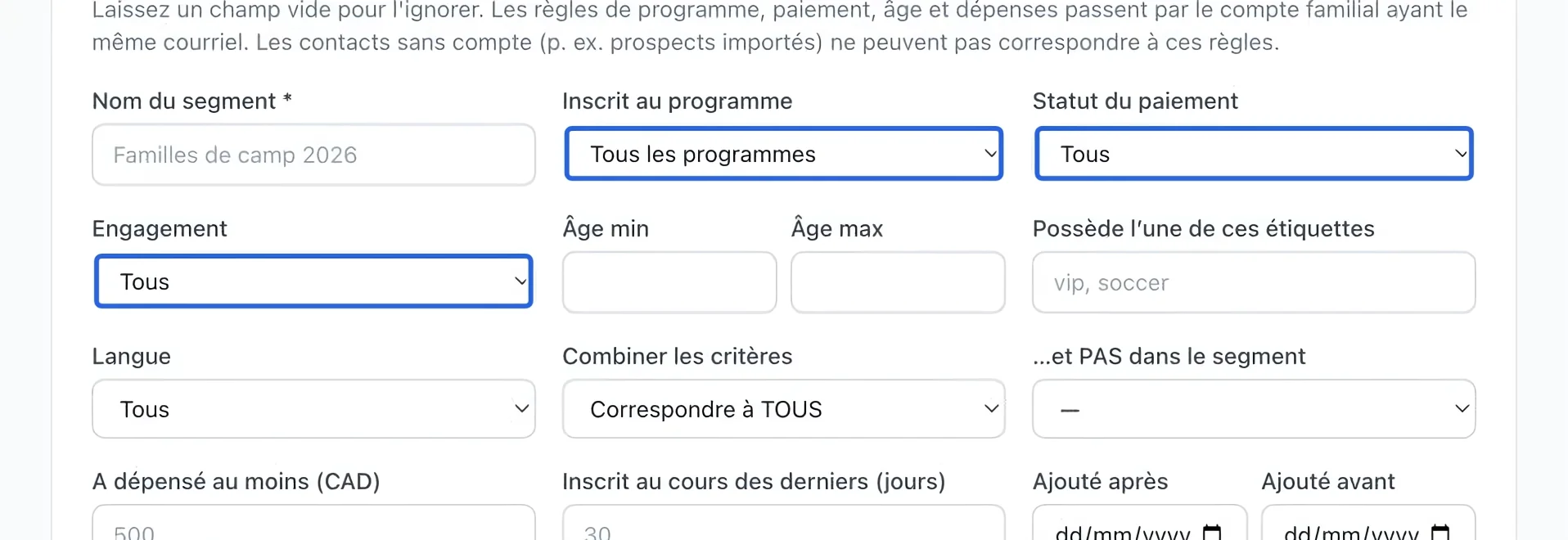 Capture : Choisir les règles de sélection. Les cadres bleus indiquent les commandes décrites dans cette étape.