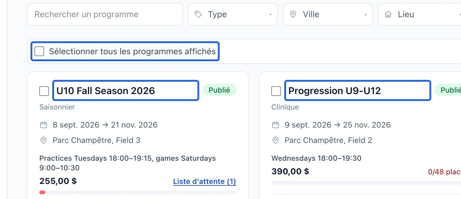 Capture : Vérifier toute la sélection. Les cadres bleus indiquent les commandes décrites dans cette étape.