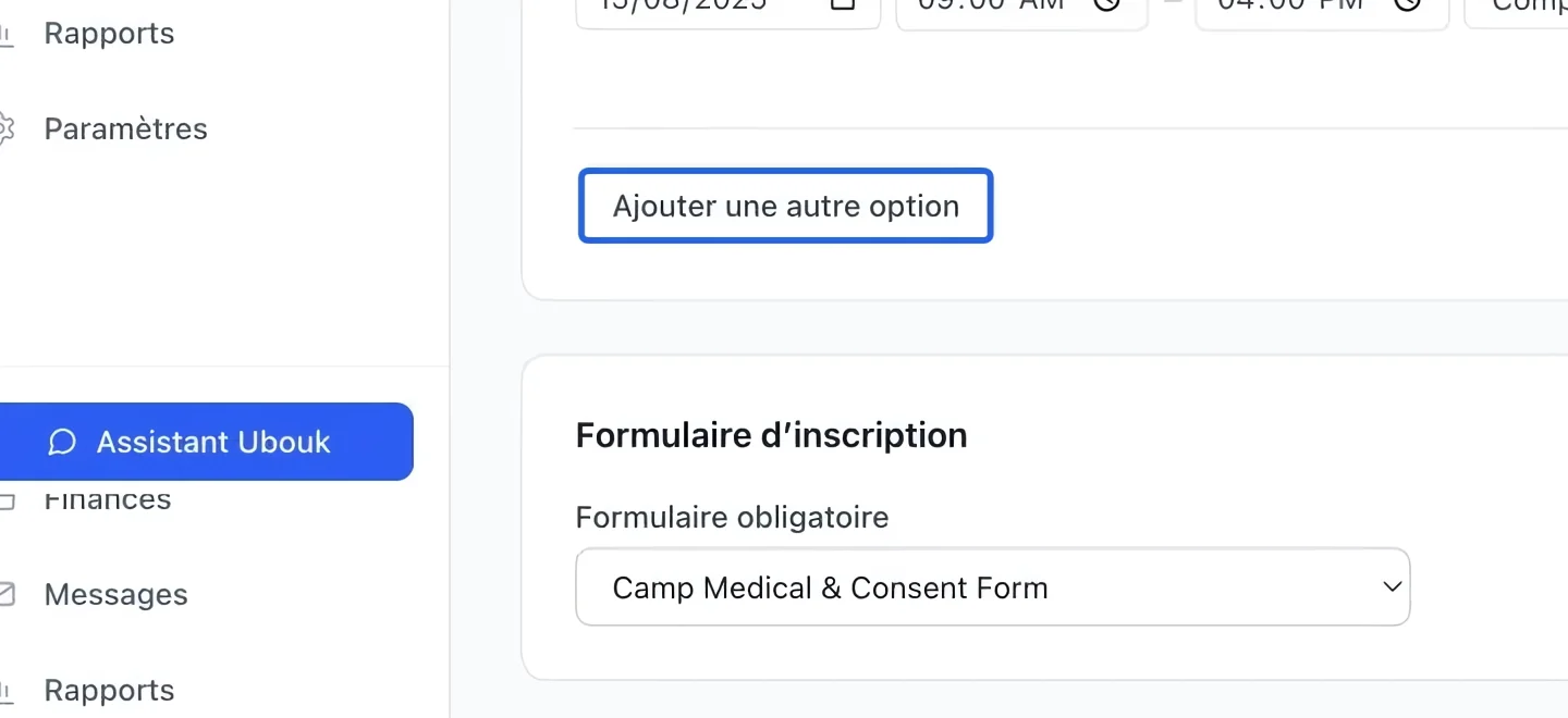 Capture : Ajouter une option. Les cadres bleus indiquent les commandes décrites dans cette étape.