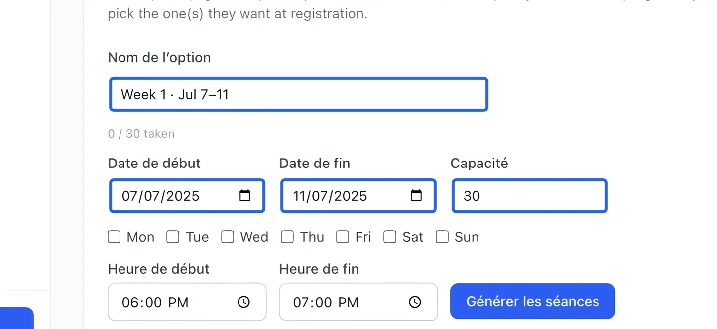 Capture : Nommer l’option et définir sa capacité. Les cadres bleus indiquent les commandes décrites dans cette étape.