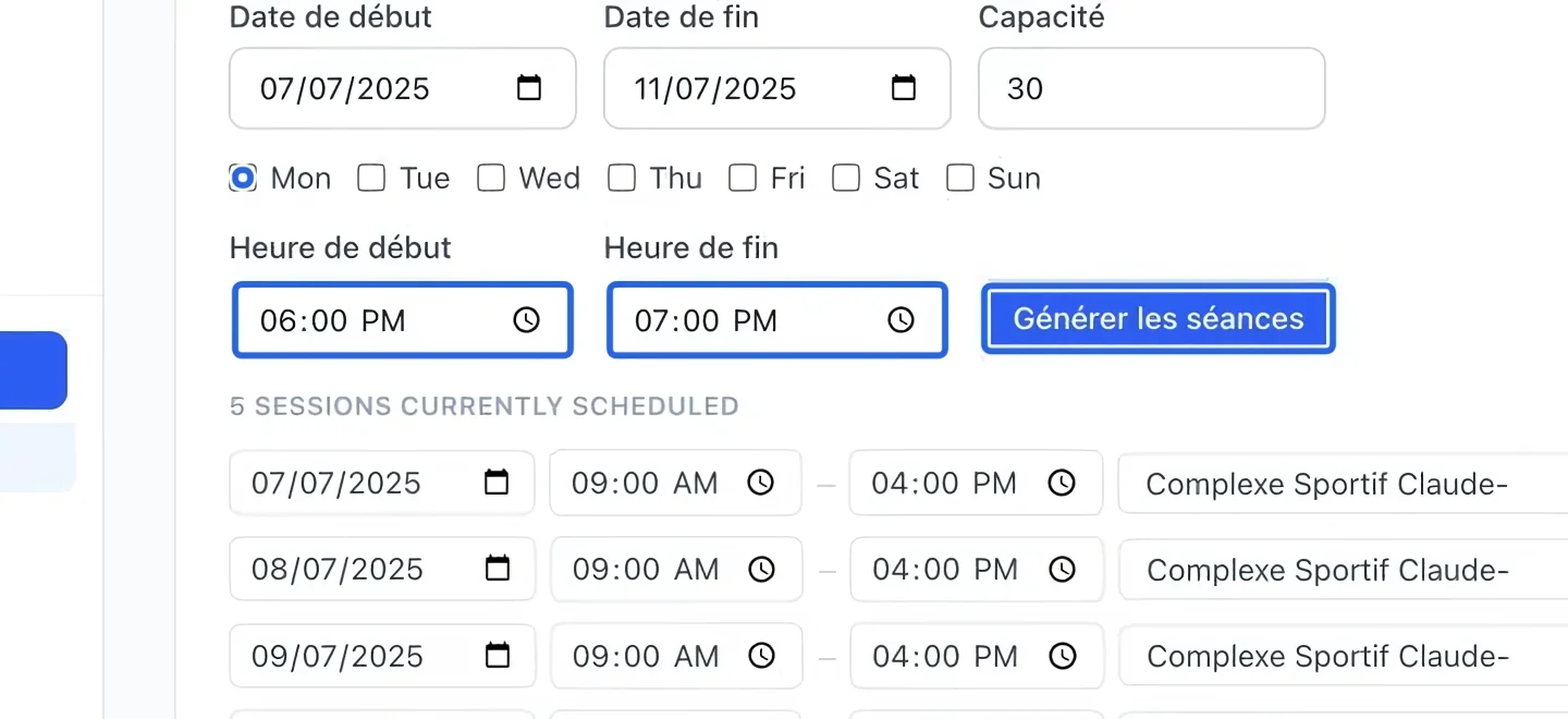 Capture : Générer les séances de cette option. Les cadres bleus indiquent les commandes décrites dans cette étape.