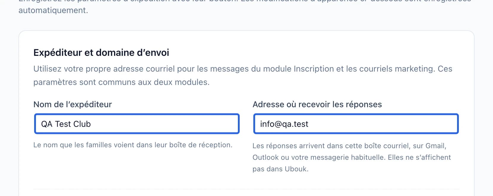 Capture : Ouvrir les réglages partagés de l’expéditeur. Les cadres bleus indiquent les commandes décrites dans cette étape.