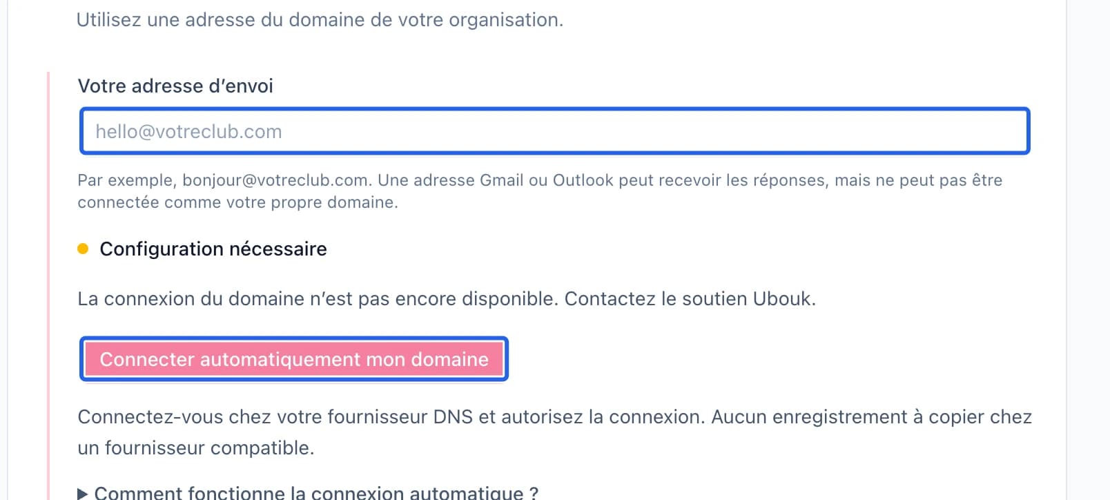 Capture : Suivre la vérification du domaine. Les cadres bleus indiquent les commandes décrites dans cette étape.