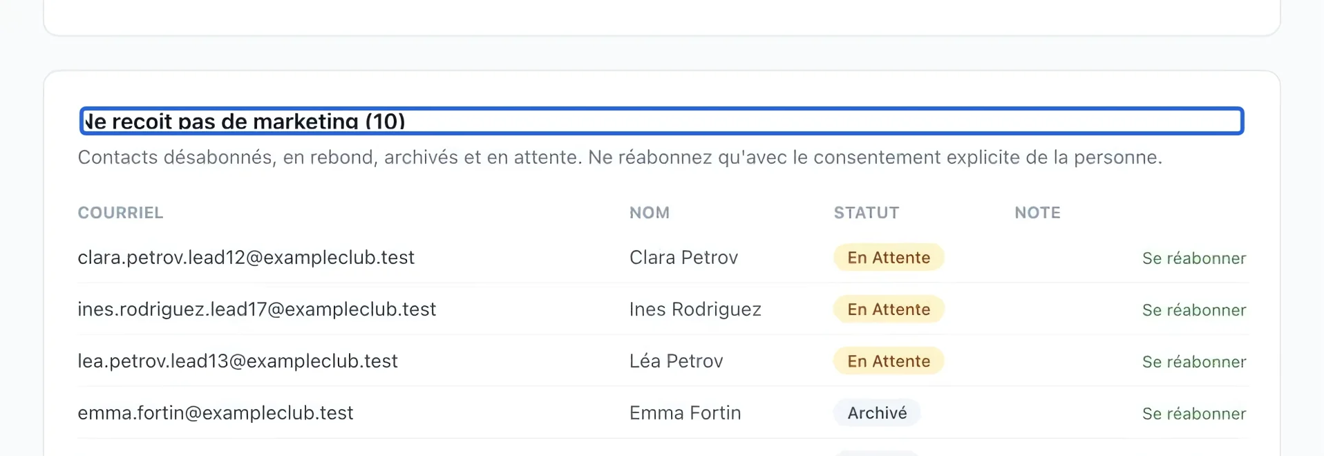 Capture : Consulter les contacts exclus. Les cadres bleus indiquent les commandes décrites dans cette étape.