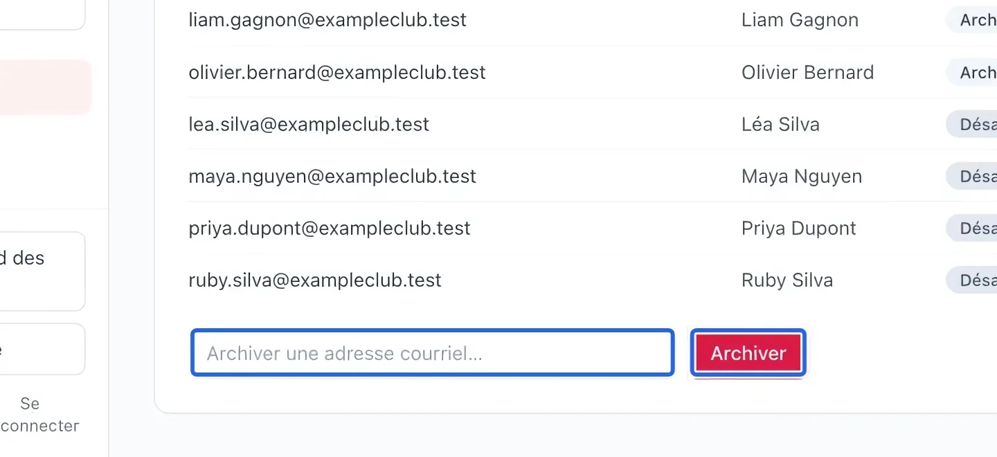 Capture : Archiver une adresse au besoin. Les cadres bleus indiquent les commandes décrites dans cette étape.