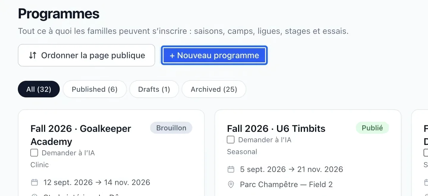 Capture : Commencer un programme. Les cadres bleus indiquent les commandes décrites dans cette étape.