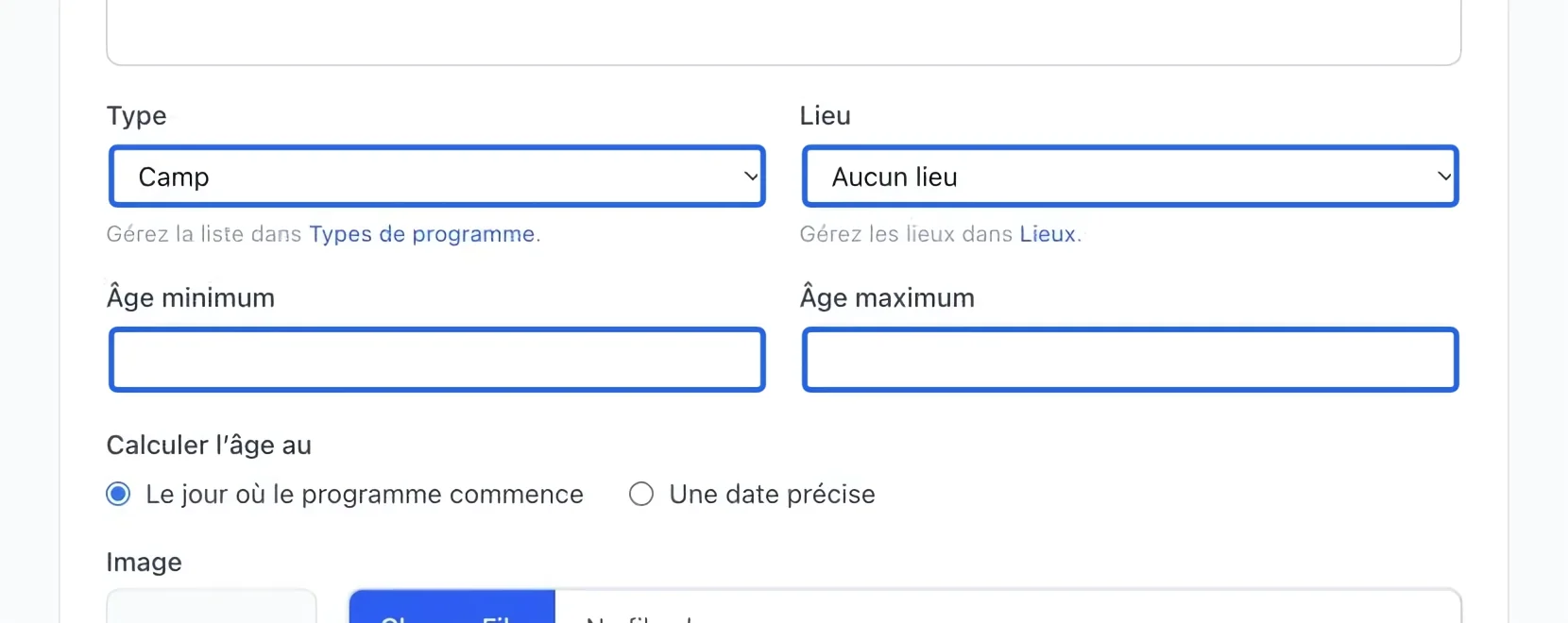 Capture : Choisir le type, le lieu et les âges. Les cadres bleus indiquent les commandes décrites dans cette étape.