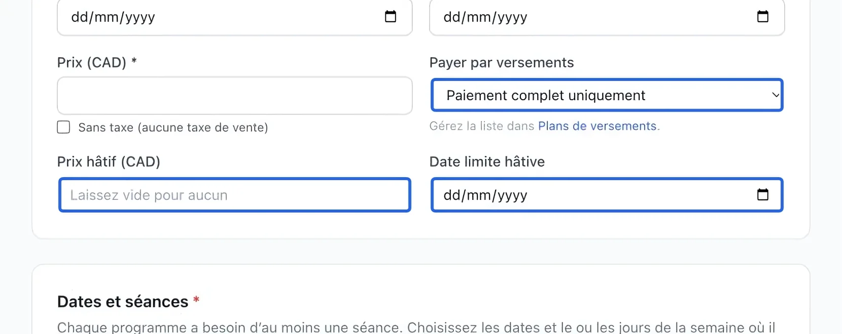 Capture : Définir les options de paiement. Les cadres bleus indiquent les commandes décrites dans cette étape.