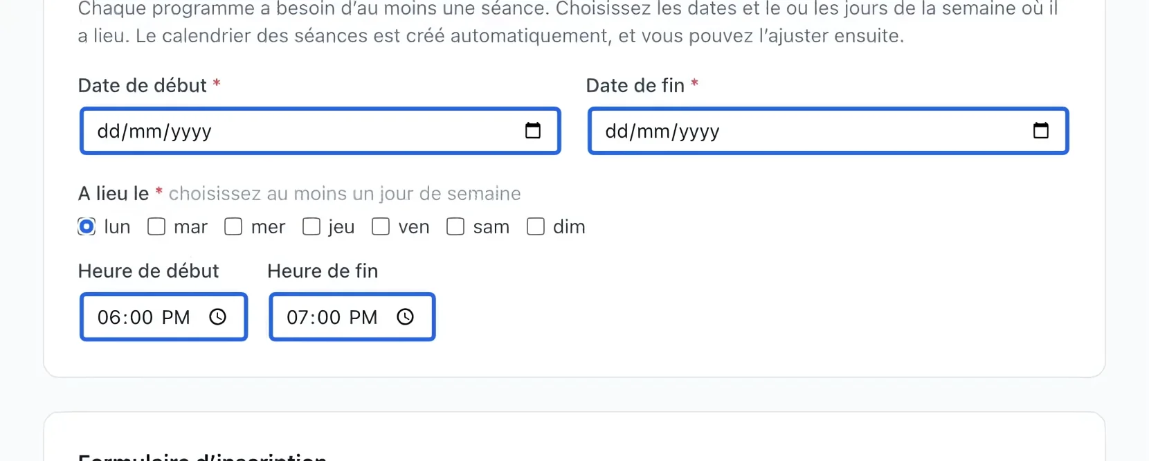 Capture : Créer l’horaire. Les cadres bleus indiquent les commandes décrites dans cette étape.