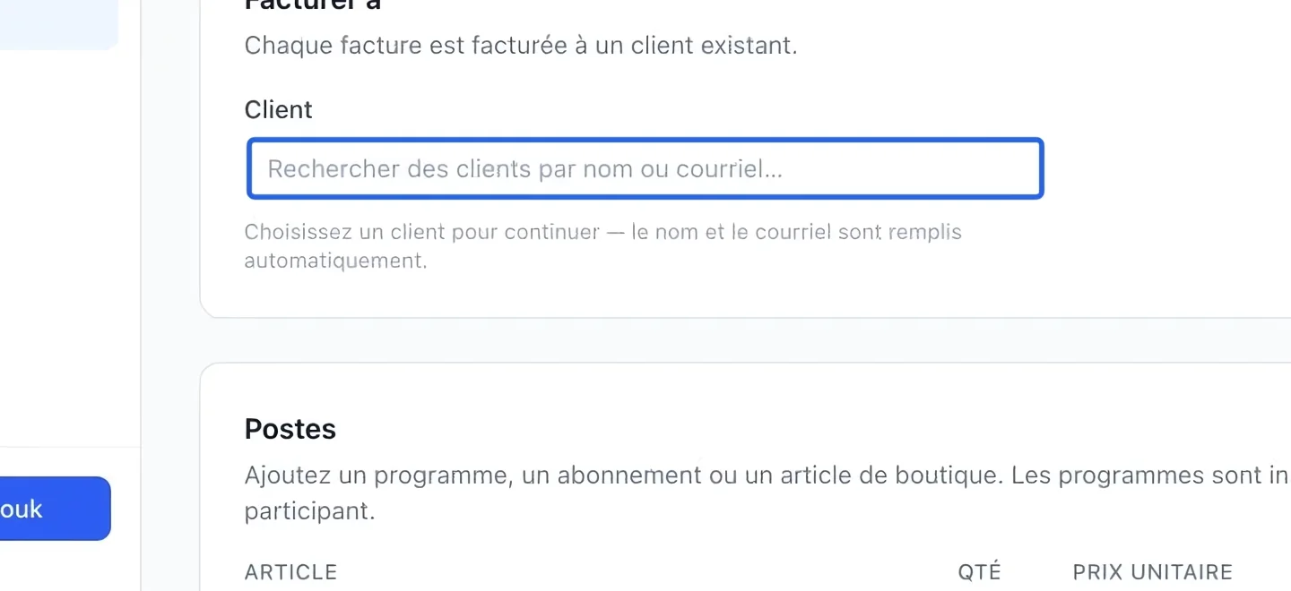 Capture : Sélectionner le client. Les cadres bleus indiquent les commandes décrites dans cette étape.