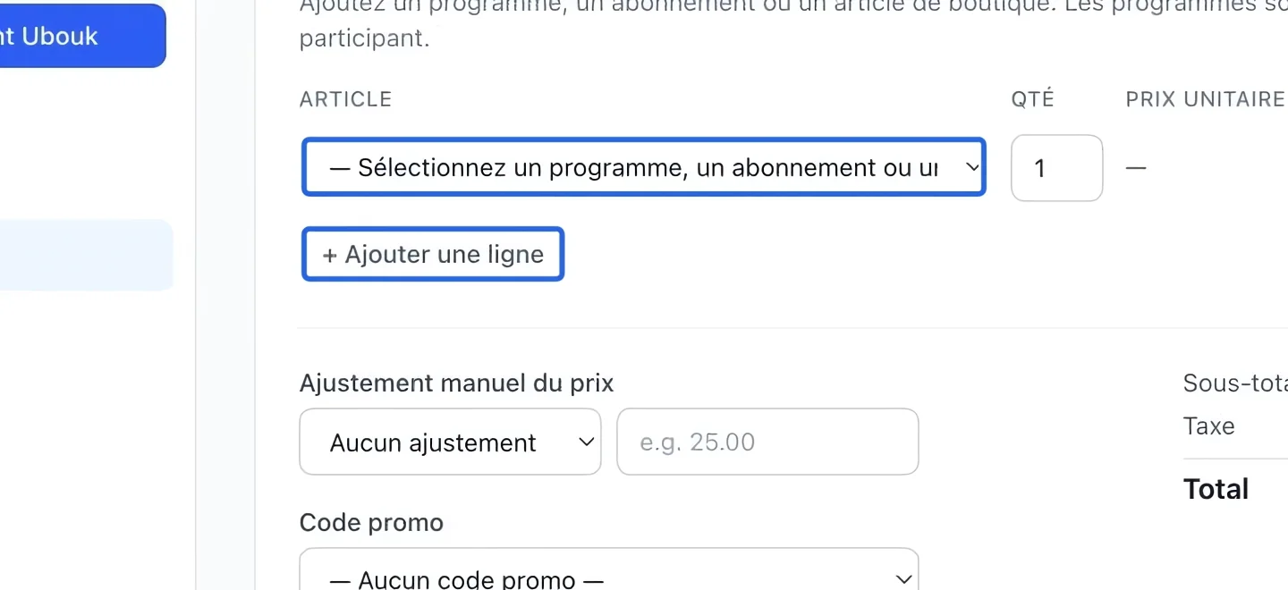 Capture : Choisir les articles du catalogue. Les cadres bleus indiquent les commandes décrites dans cette étape.