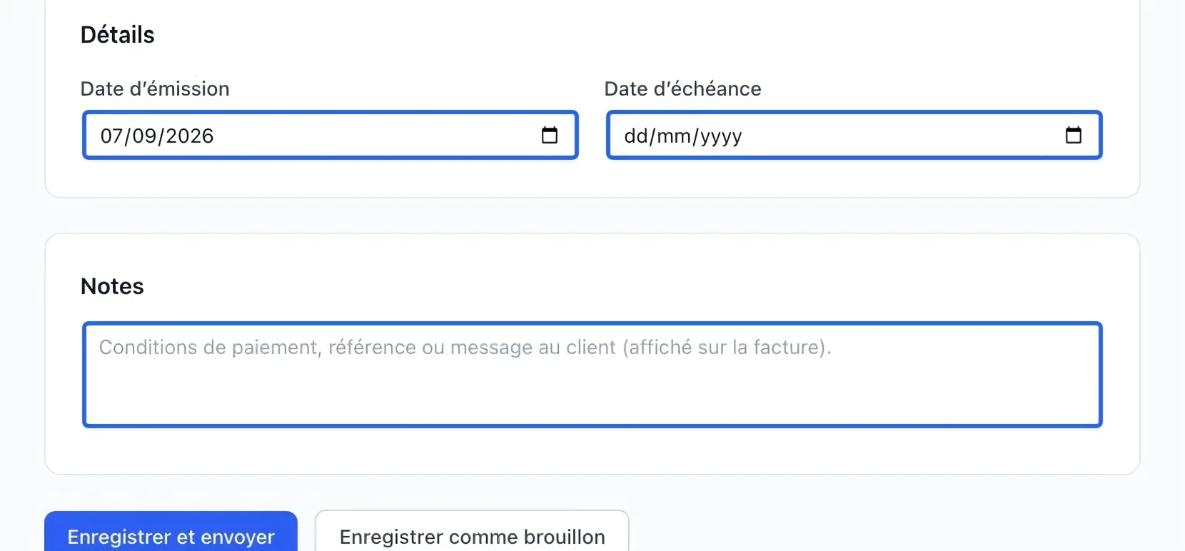 Capture : Définir les dates et les notes. Les cadres bleus indiquent les commandes décrites dans cette étape.