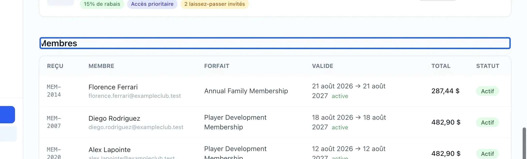 Capture : Consulter les achats d’abonnement. Les cadres bleus indiquent les commandes décrites dans cette étape.
