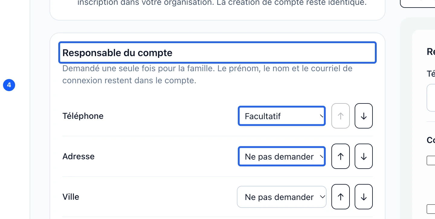 Capture : Choisir les champs du compte et du participant. Les cadres bleus indiquent les commandes décrites dans cette étape.