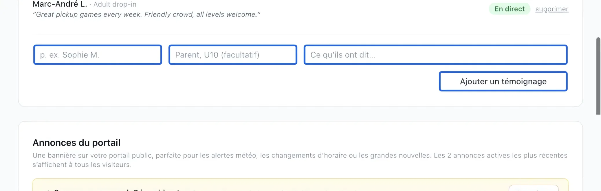 Capture : Ajouter un témoignage. Les cadres bleus indiquent les commandes décrites dans cette étape.