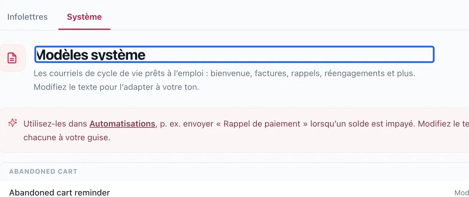 Capture : Vérifier séparément les courriels système. Les cadres bleus indiquent les commandes décrites dans cette étape.