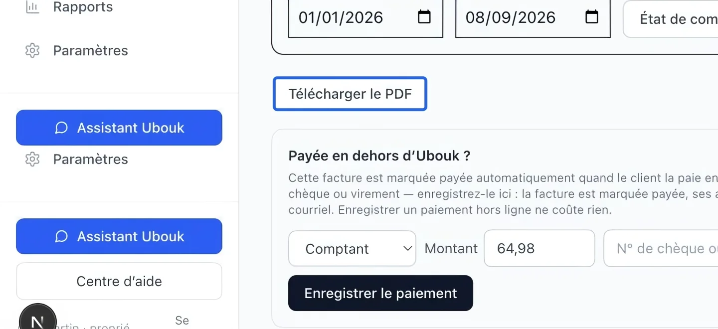Capture : Vérifier le PDF de facture. Les cadres bleus indiquent les commandes décrites dans cette étape.