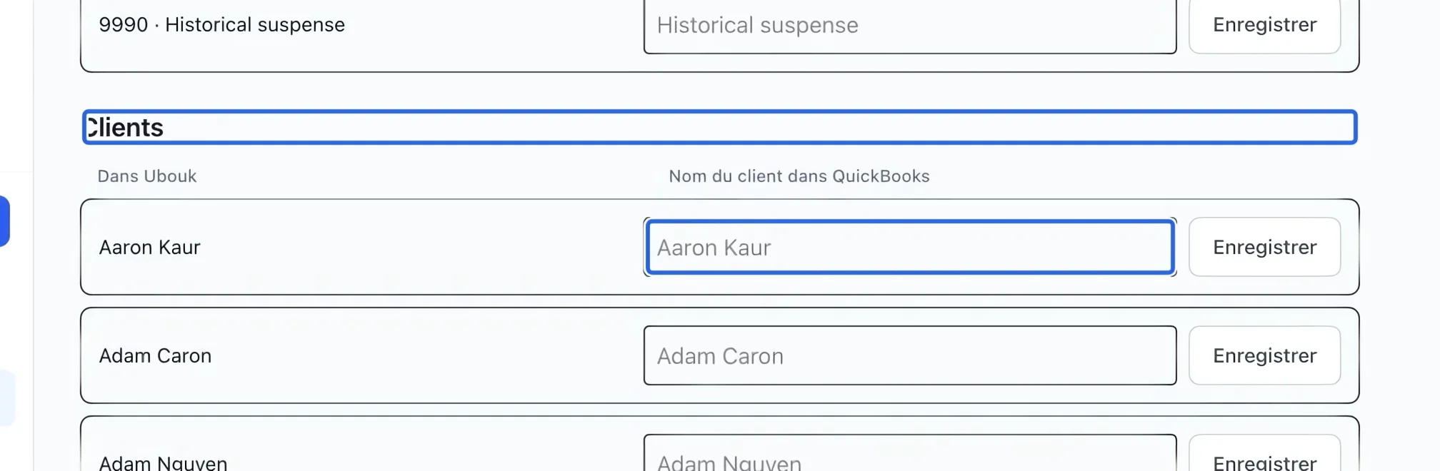 Capture : Faire correspondre les noms des clients. Les cadres bleus indiquent les commandes décrites dans cette étape.