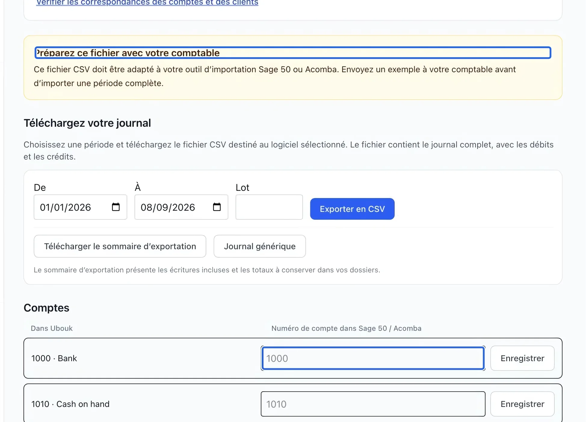 Capture : Préparer le format Sage ou Acomba. Les cadres bleus indiquent les commandes décrites dans cette étape.