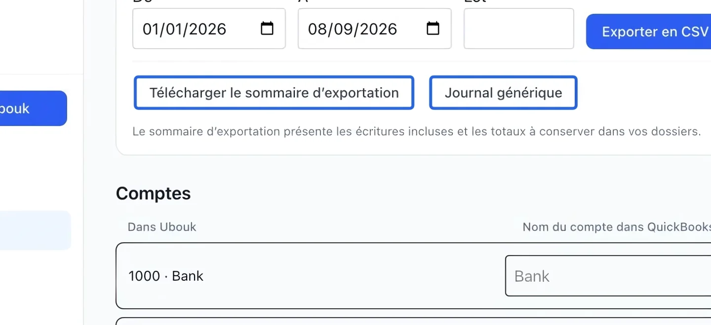 Capture : Conserver le sommaire d’exportation. Les cadres bleus indiquent les commandes décrites dans cette étape.