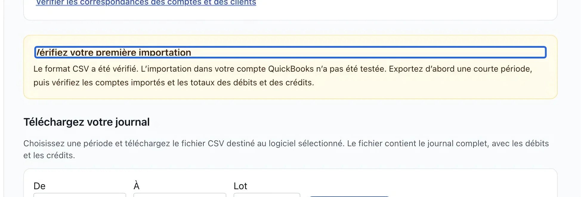 Capture : Valider une première importation courte. Les cadres bleus indiquent les commandes décrites dans cette étape.