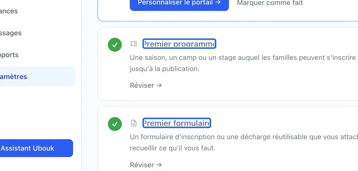 Capture : Créer votre première activité et votre formulaire. Les cadres bleus indiquent les commandes décrites dans cette étape.