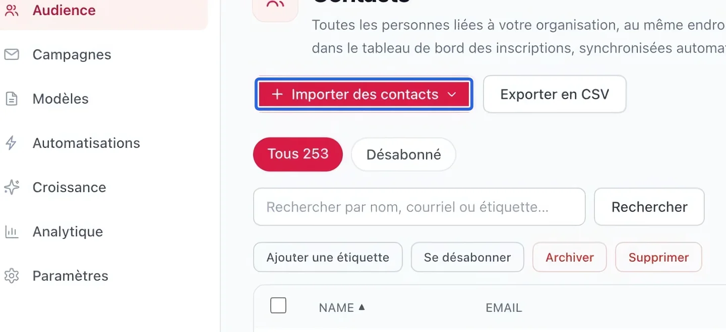 Capture : Ouvrir l’importation. Les cadres bleus indiquent les commandes décrites dans cette étape.