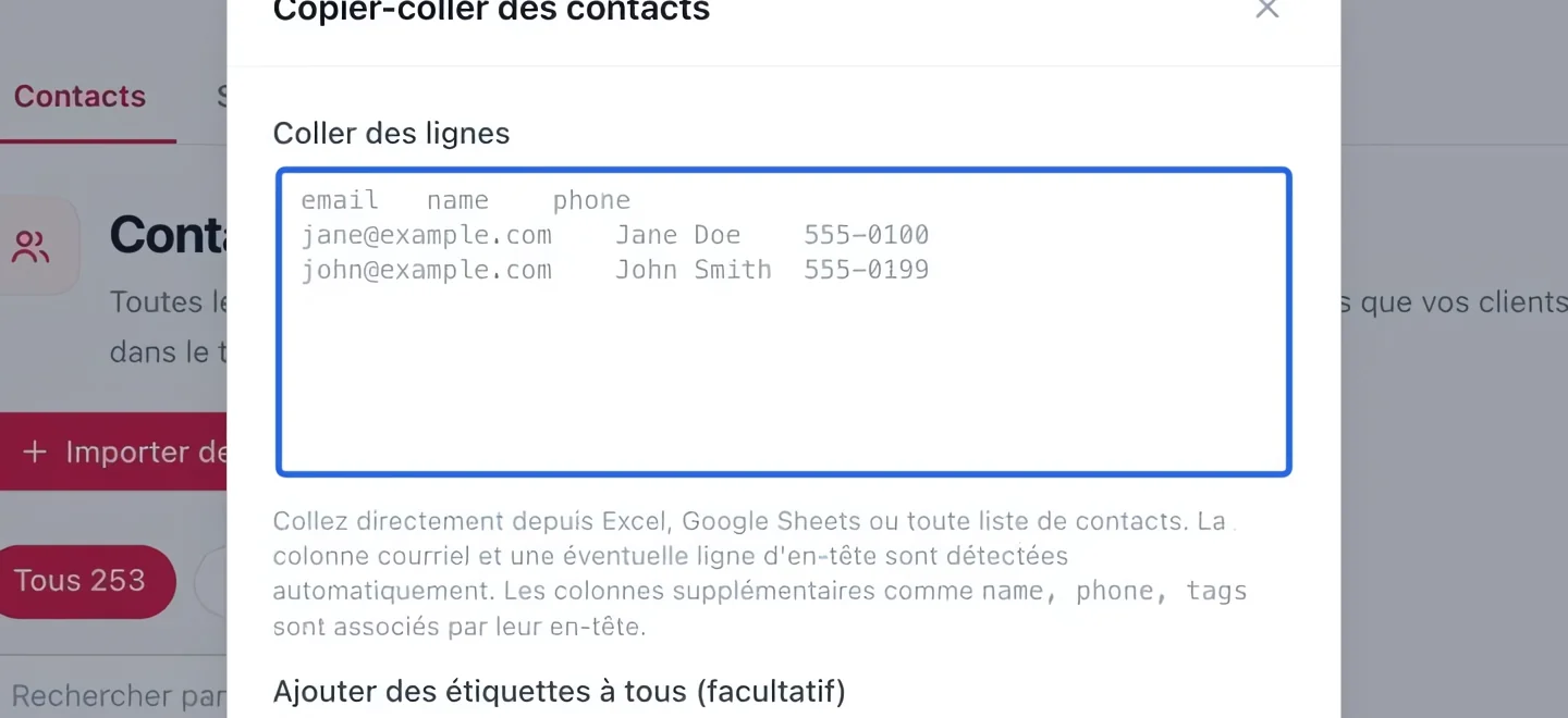 Capture : Coller les lignes de contacts. Les cadres bleus indiquent les commandes décrites dans cette étape.
