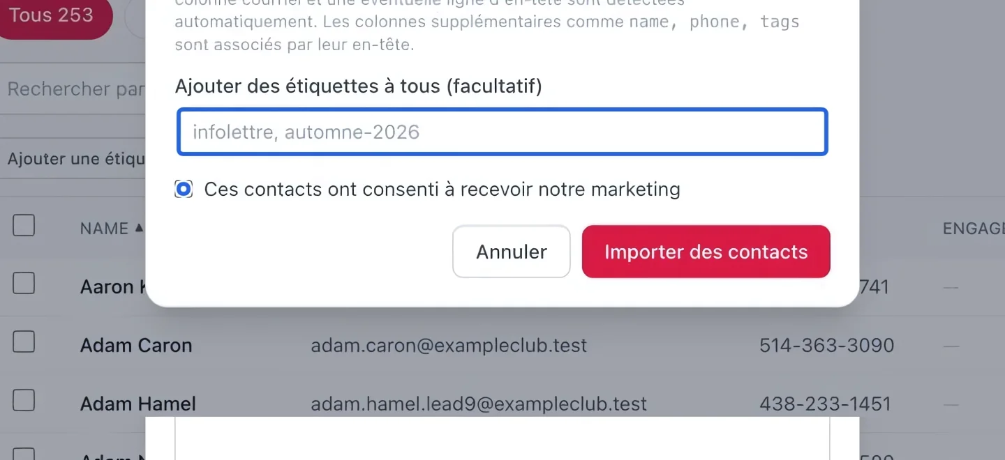 Capture : Vérifier les étiquettes et le consentement. Les cadres bleus indiquent les commandes décrites dans cette étape.