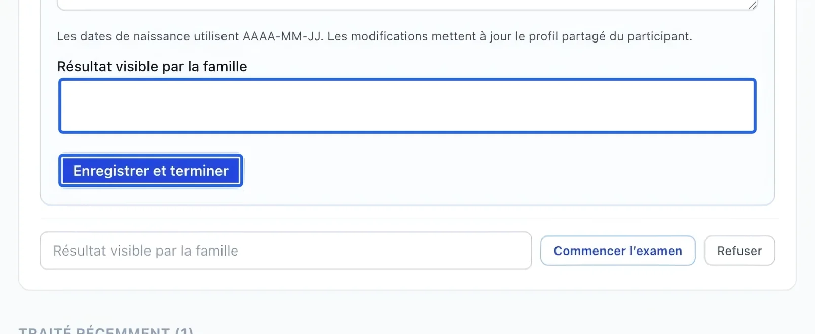 Capture : Consigner le résultat et terminer. Les cadres bleus indiquent les commandes décrites dans cette étape.