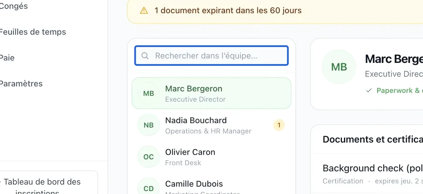 Capture : Sélectionner l’employé. Les cadres bleus indiquent les commandes décrites dans cette étape.