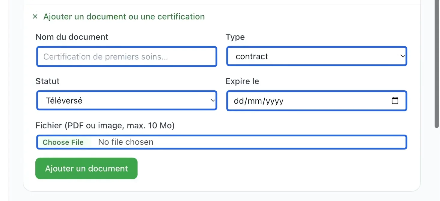 Capture : Ajouter un document ou certificat. Les cadres bleus indiquent les commandes décrites dans cette étape.