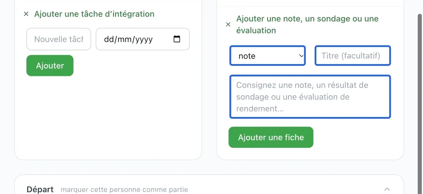 Capture : Consigner une note RH privée. Les cadres bleus indiquent les commandes décrites dans cette étape.