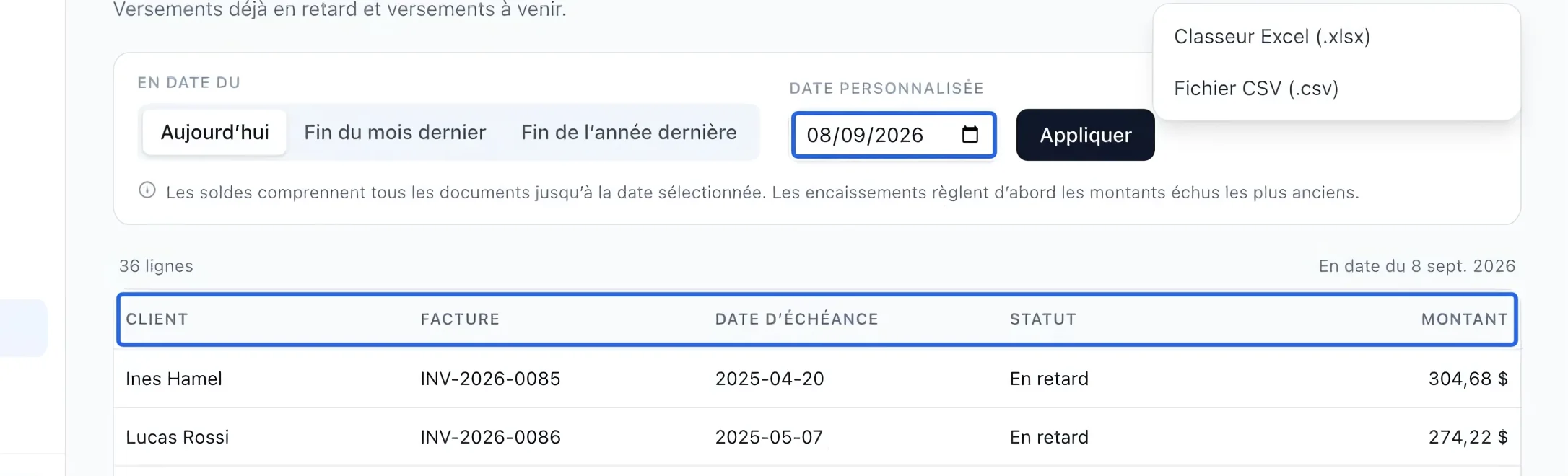 Capture : Suivre les versements restants. Les cadres bleus indiquent les commandes décrites dans cette étape.