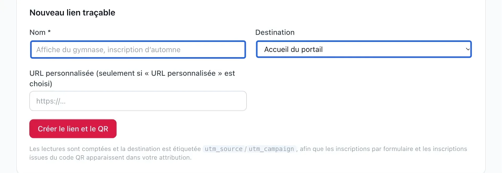 Capture : Préparer un lien QR suivi. Les cadres bleus indiquent les commandes décrites dans cette étape.