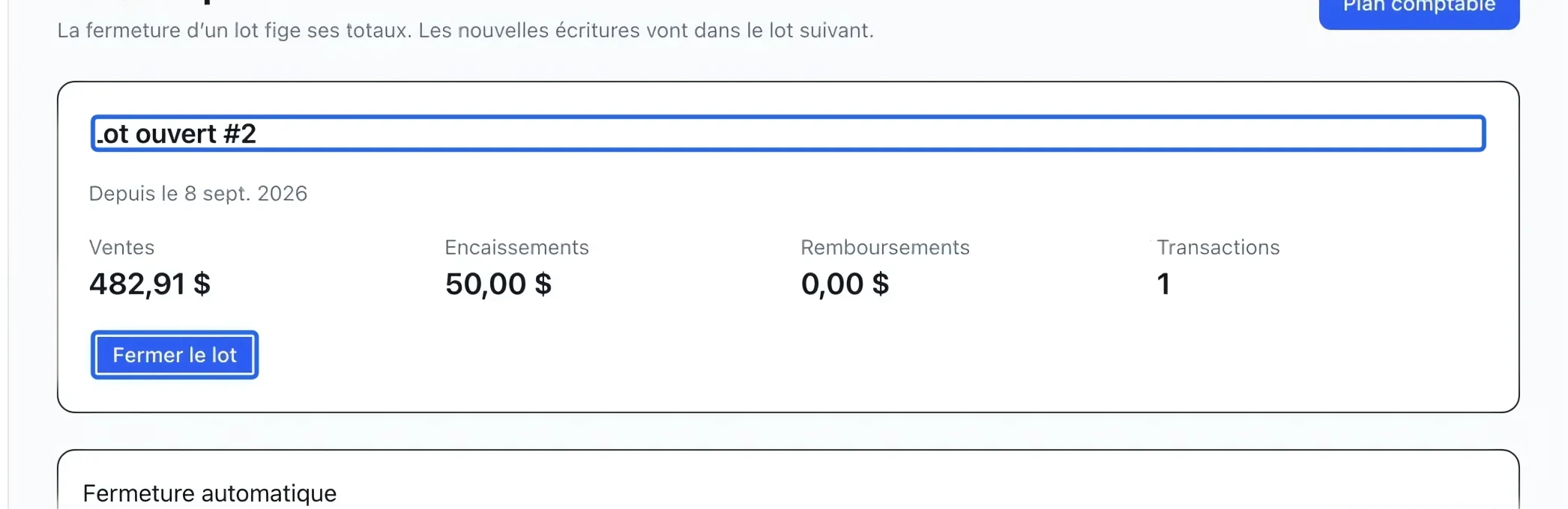 Capture : Vérifier et clôturer le lot ouvert. Les cadres bleus indiquent les commandes décrites dans cette étape.