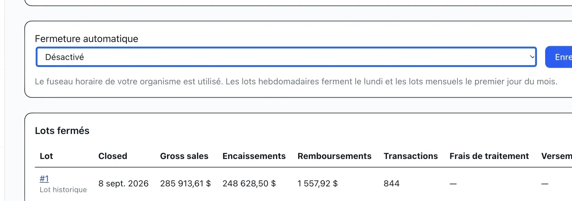 Capture : Planifier la clôture automatique. Les cadres bleus indiquent les commandes décrites dans cette étape.