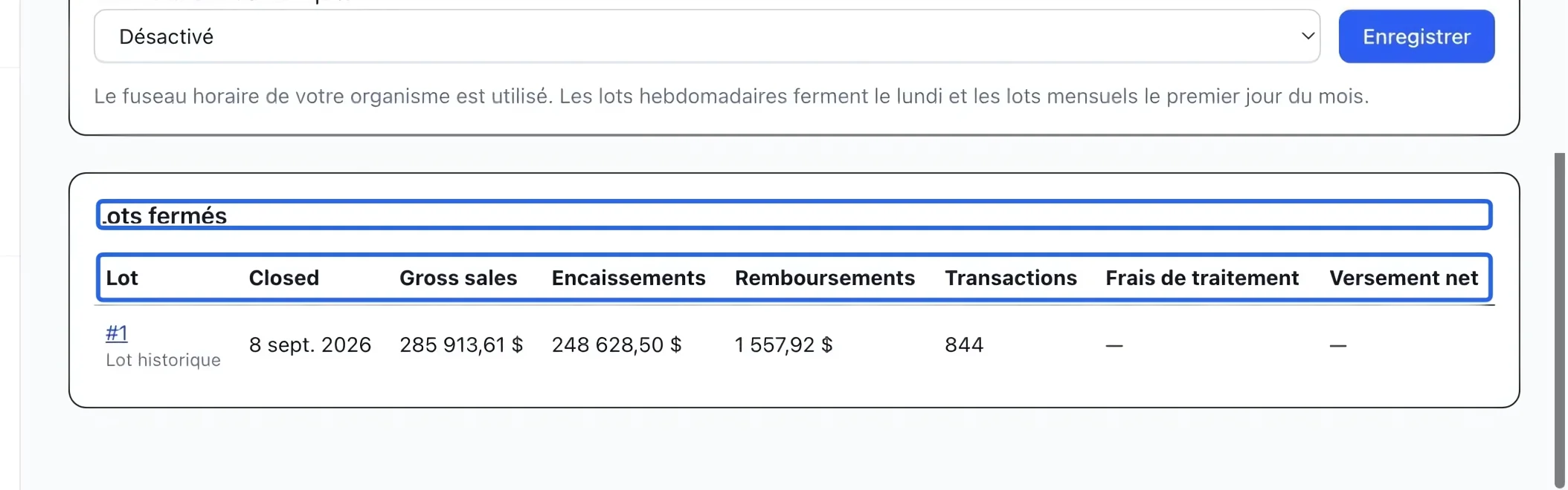 Capture : Examiner un lot clôturé. Les cadres bleus indiquent les commandes décrites dans cette étape.