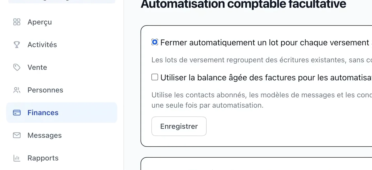 Capture : Activer les lots de versements Stripe vérifiés. Les cadres bleus indiquent les commandes décrites dans cette étape.