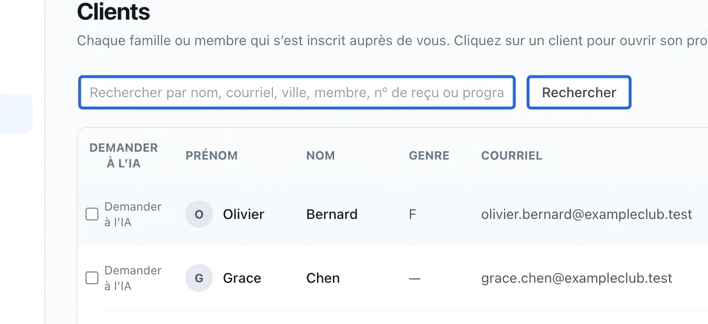 Capture : Trouver un client existant. Les cadres bleus indiquent les commandes décrites dans cette étape.