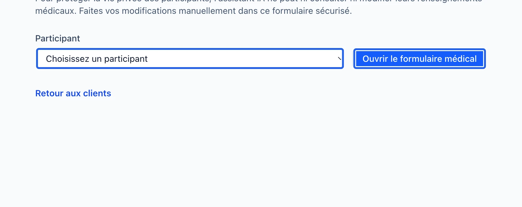 Capture : Sélectionner le participant dans le formulaire sécurisé. Les cadres bleus indiquent les commandes décrites dans cette étape.