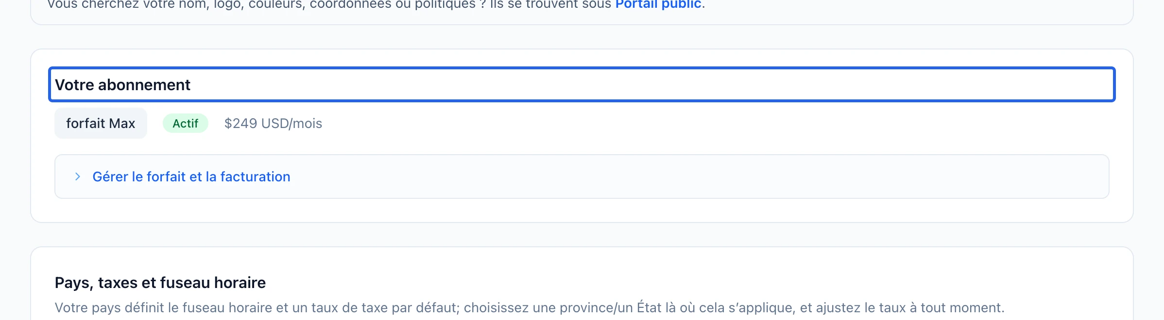 Capture : Retrouver le forfait actuel du club. Les cadres bleus indiquent les commandes décrites dans cette étape.