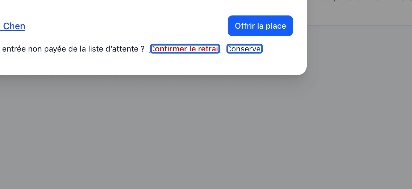 Capture : Retirer volontairement une inscription impayée. Les cadres bleus indiquent les commandes décrites dans cette étape.