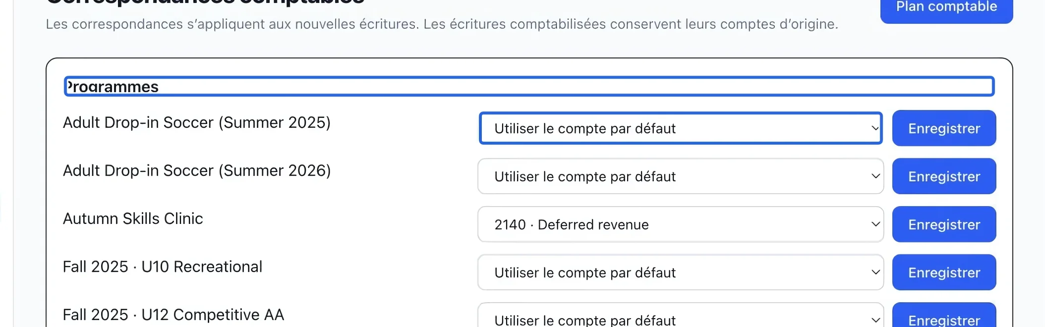 Capture : Affecter les revenus des programmes. Les cadres bleus indiquent les commandes décrites dans cette étape.