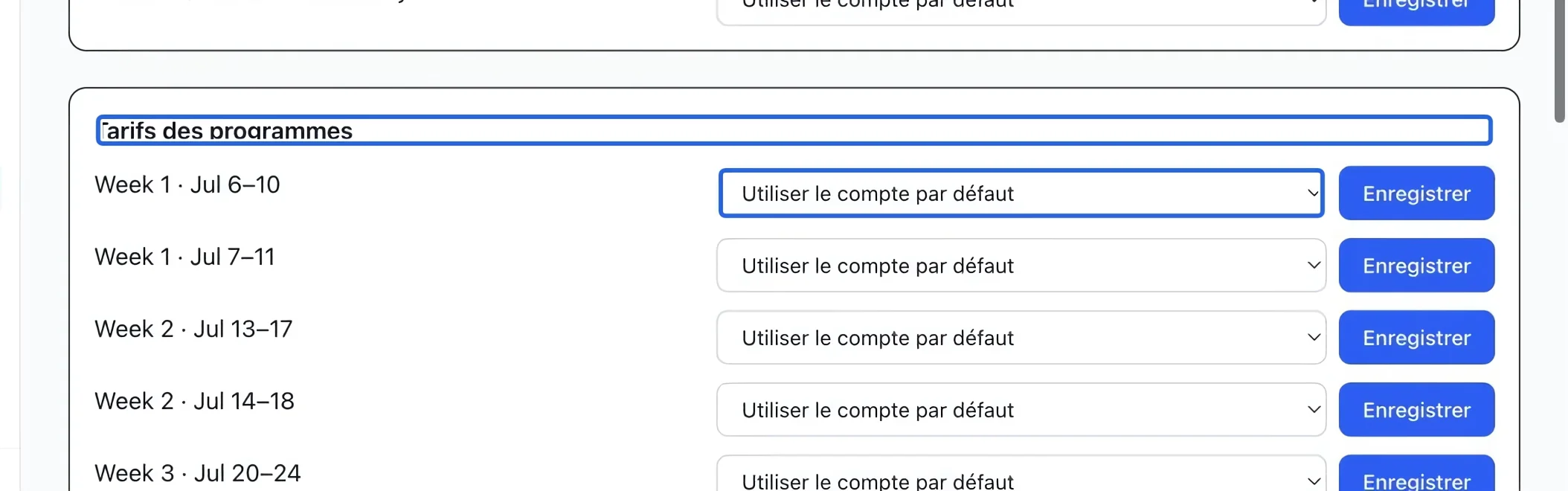 Capture : Affecter un tarif ou un autre article. Les cadres bleus indiquent les commandes décrites dans cette étape.
