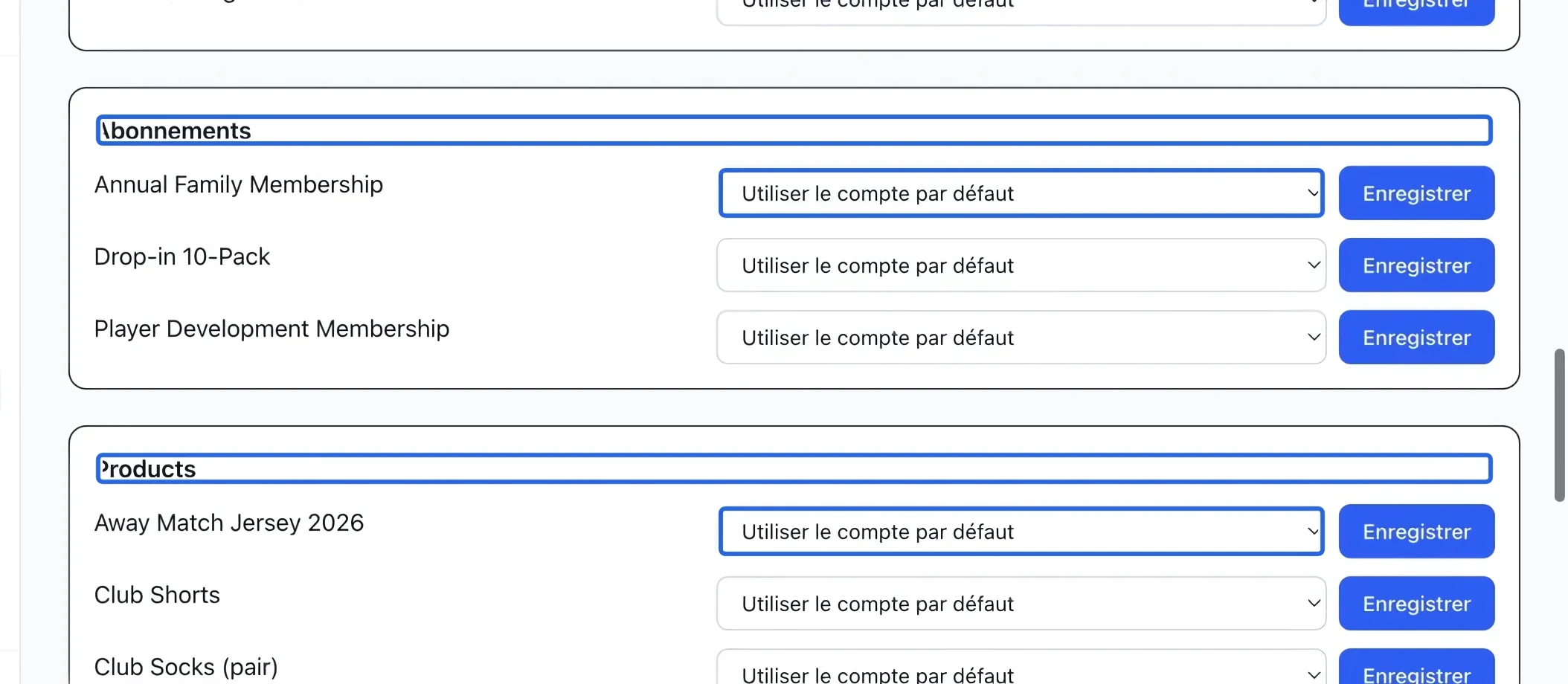 Capture : Affecter les abonnements et produits. Les cadres bleus indiquent les commandes décrites dans cette étape.